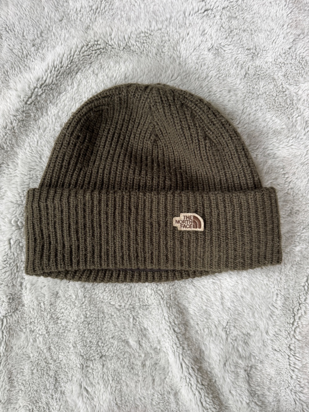 Double Layer North Face Olive Green Ribbed Cuffed Beanie